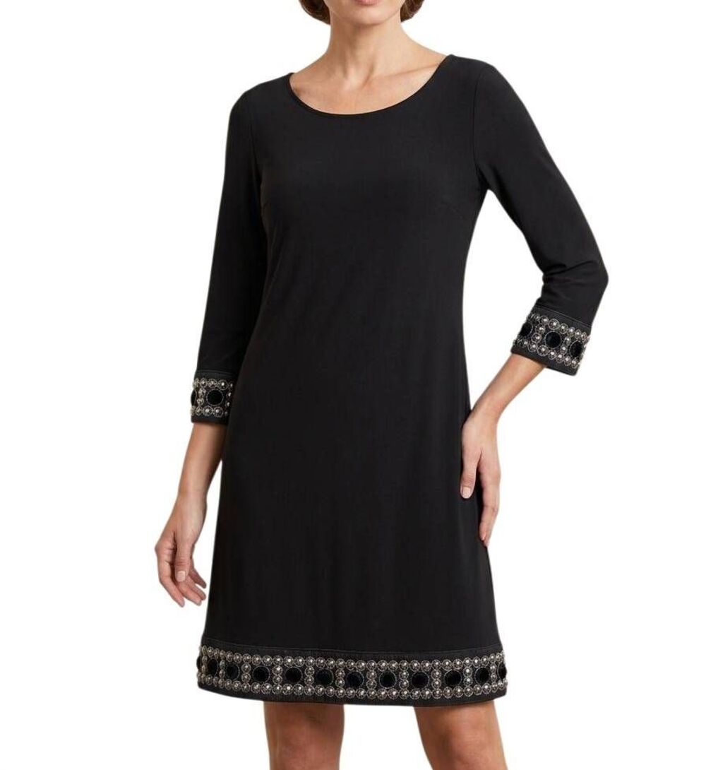 Tiana B. Black Jersey boatneck beaded detail trim shift knee length dress 10